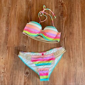 VICTORIA'S SECRET Neon Rainbow Stripe Gold Bikini